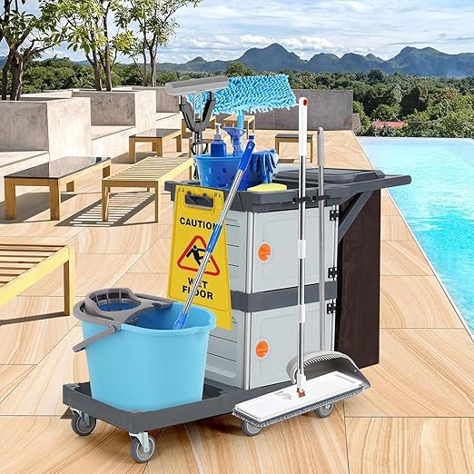 Janitorial Cart with 2 Cabinet, Commercial Traditional Janitorial 3-Shelf Cleaning Cart On Wheels with Cover and Vinyl Bag, Hotel Housekeeping Room Service Utility Cart, Grey