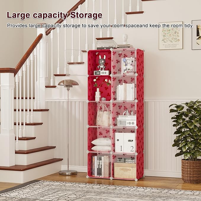 C&AHOME Cube Storage Organizer with Doors, 10-Cube Shelves, DIY Plastic Modular Bookshelf, Closet Clothes Storage Shelving Ideal for Bedroom, Living Room, Clover Embossed, Red