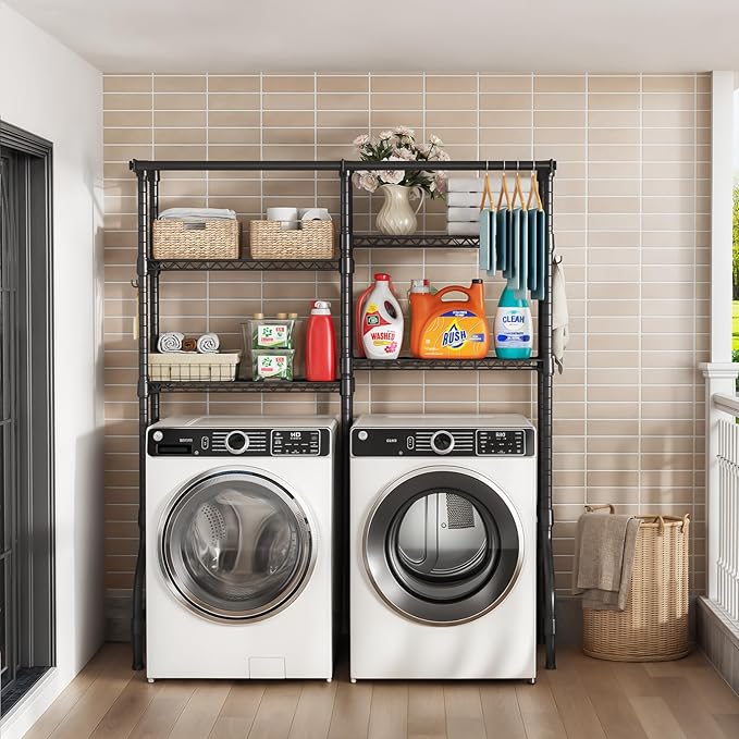 U14 Medium Over the Washer and Dryer Shelves, 4 Tiers Laundry Room Storage and Organizer System, Space Saving Clothes Drying Rack with 2 Clothes Hanger Rods, 57.8"W x 20.5"D x 77.4"H, Black