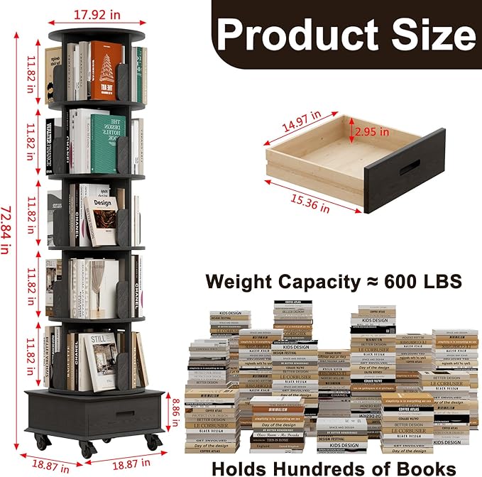 Solid Wood Rotating Bookshelf Tower on Wheels, 5-Tier Spinning Bookcase with Drawer, 72" Floor Standing Revolving Bookshelf, Rotating Bookcase for Small Space, Black