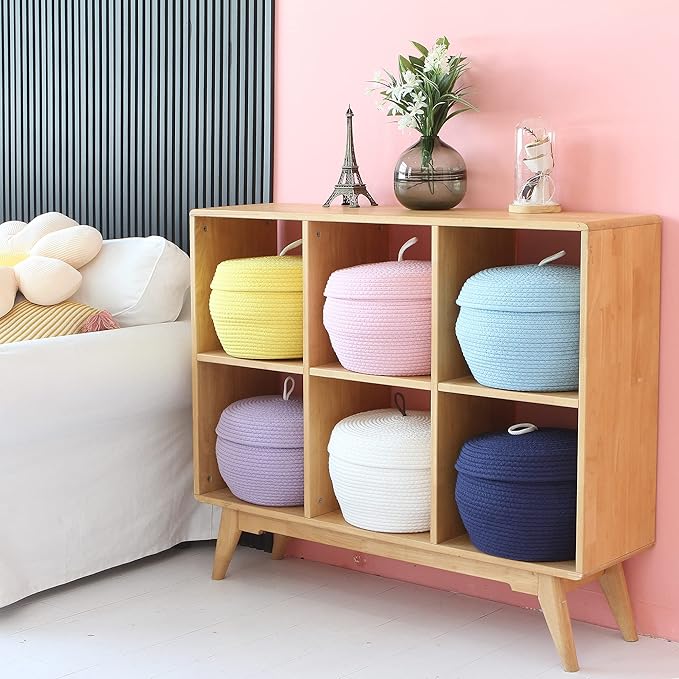 Sea Team Round Cotton Rope Storage Basket with Lid, Decorative Woven Storage Bin, Pot, Caddy, Organizer, Container for Snacks, Towels, Plants, 13 x 9 Inches (Large, Pink)