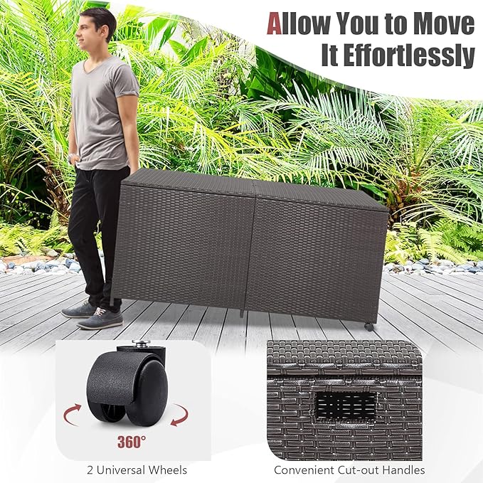 Tangkula 175 Gallon Outdoor Storage Box, Wicker Patio Deck Box with 2 Universal Wheels and Waterproof Zippered Liner, Outdoor Storage Container for Cushions, and Garden Tools