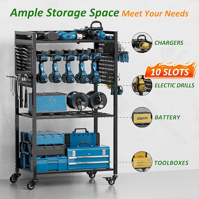 Power Tool Organizer Cart, Rolling Tool Drills Holders Storage Rack on Wheels, 38 inch Black Utility Cart for Garage Workbench, Warehouse, Gift for Husband