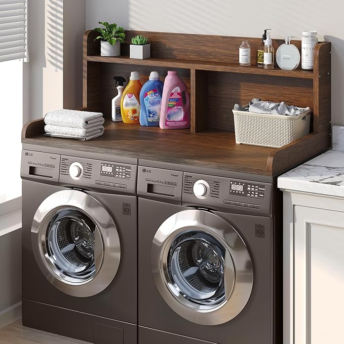 2-Tier Washer Dryer Countertop, 18.5" Raised Height Laundry Countertop with Edge Rails and Non-Slip Pad, 54"W x 27.55"D Washer and Dryer Topper for Laundry Room Storage Organization (Brown)