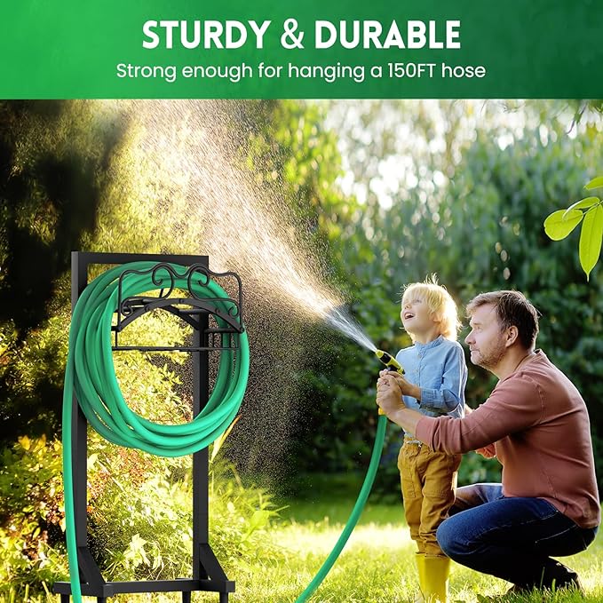Garden Hose Holder, Heavy Duty Metal Water Hose Holder with 4 Spikes Outdoor Freestanding Hose Hanger Detachable Sturdy Hose Stand Holds 150-feet Hose, Garden Hose Storage Rack for Outside Yard Lawn