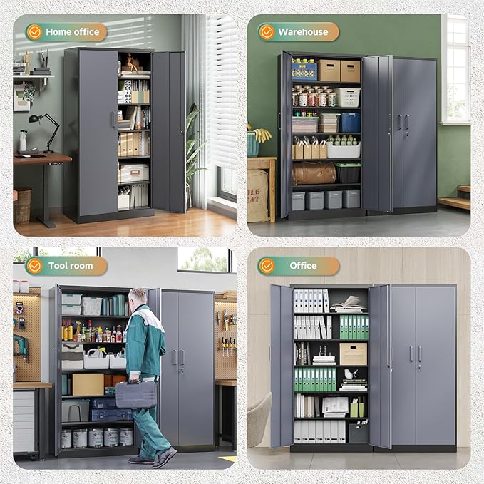 Letaya Metal Storage Cabinets with Lock Door and 5 Adjustable Shelves, Steel Garage Tool Organization Cabinets for Home,Utility Room, Warehouse,Lockers(71"-Black Gray)