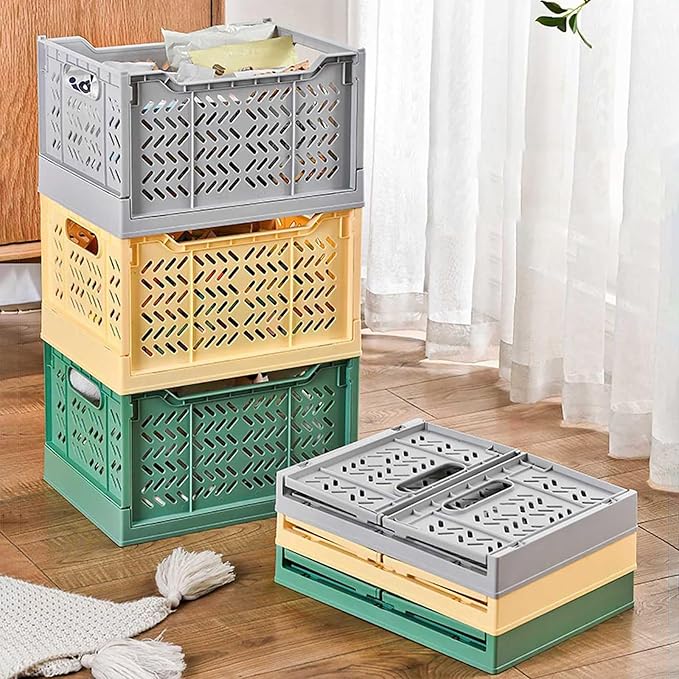 Domiella 2-Pack Crates for Storage, Storage Crates Plastic Stackable, Foldable Crate for Office Home Kitchen Bedroom Bathroom (Tall, Green)