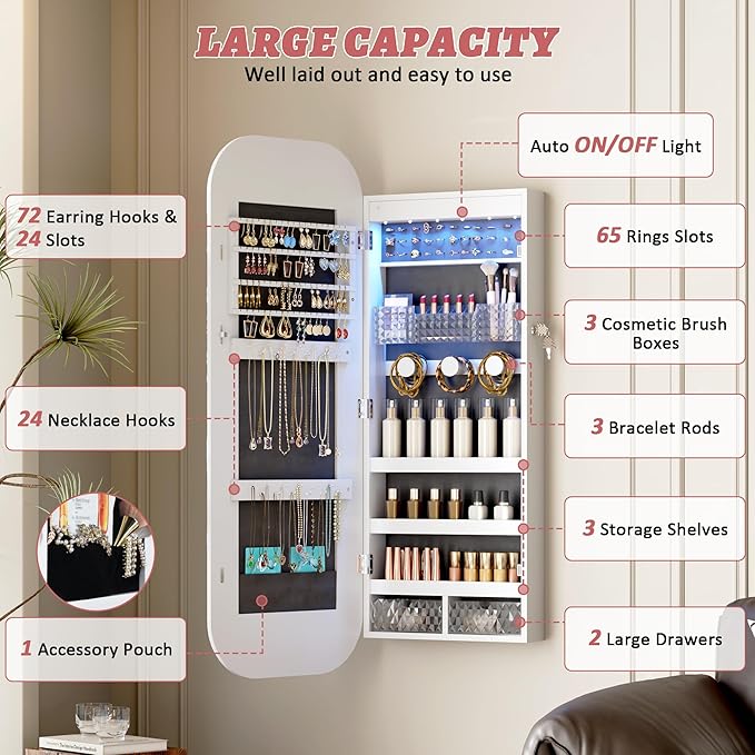 LVSOMT Round Mirror Jewelry Cabinet Door Hang, Jewelry Armoire with Mirror Wall Mounted, Hanging Mirror Jewelry Organizer, Full Length Mirror with Jewelry Storage, White