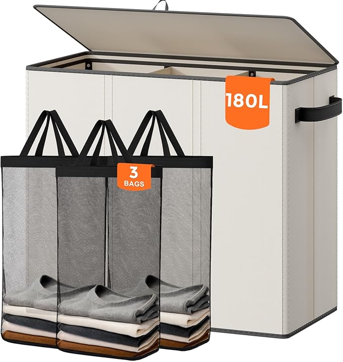 180L Laundry Hamper 3 Section, Large Laundry Basket with Lid, Laundry Basket Organizer with Handles, White Divided Laundry Baskets, Clothes Hampers for Laundry, Bedroom, Bathroom