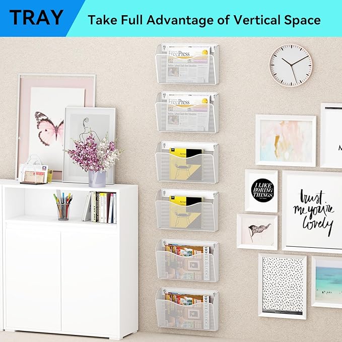 6 Single Pocket Wall File Holder, Mesh Hanging File Folder Paper Organizer, Vertical Wall Mounted Mail Basket, Storage Organization Magazine Rack for Office, Home and School, White
