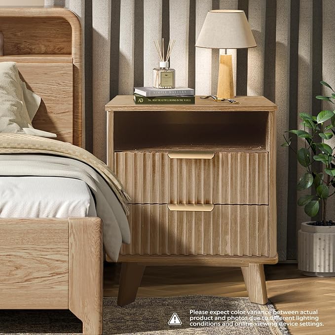 Fluted Nightstand - 24" Modern Bedside Table w/ 2 Drawers, Wood Bed Side End Table with Open Shelf, Night Stand with Storage Drawer, Curved Design Night Stands for Bedroom Living Room (Nature)