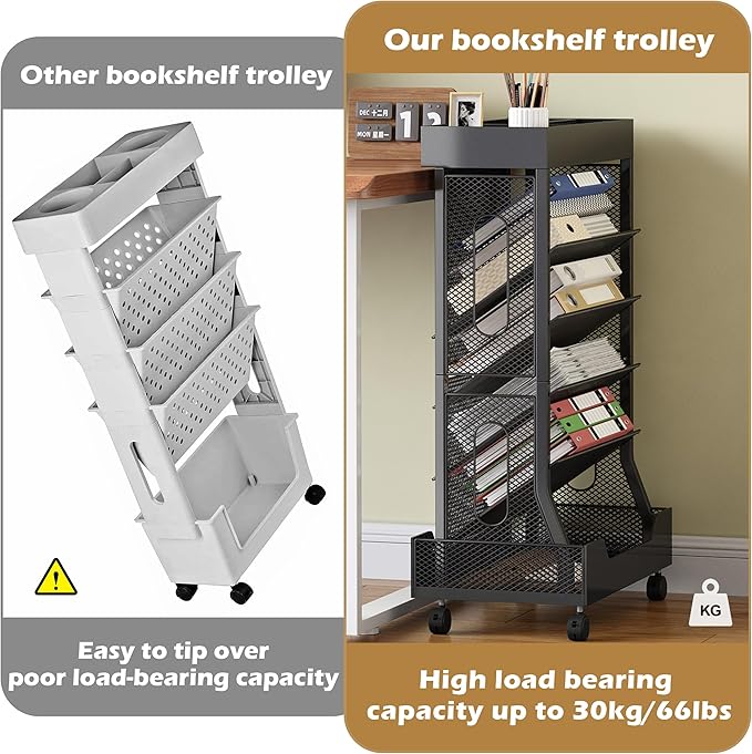 Book Cart with Wheels Mobile Bookshelf Rolling Bookshelf Organizer Bookcase Book Storage Rack, Book Movable Rolling Carts with Wheels for Office School, Black