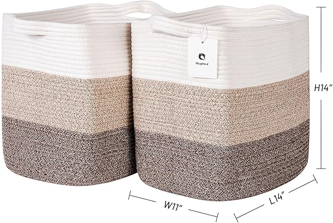 Storage Baskets for Clothes Fabric Cotton Rope Storage Basket with Handles, Decorative Woven Basket for Living Room,Closet Organizer Blankets, and 2bags (Gradient Brown, L14×W11×H14)