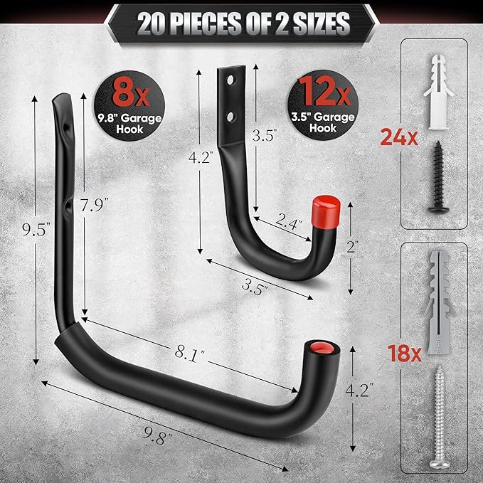 Nacial 20 Pack Garage Hooks Heavy Duty, 9.8" & 3.5" Garage Wall Hook with EVA Pads, 100LBS Capacity Hooks for Hanging Bikes, Kayak Folding Chairs and Hanging Ladders