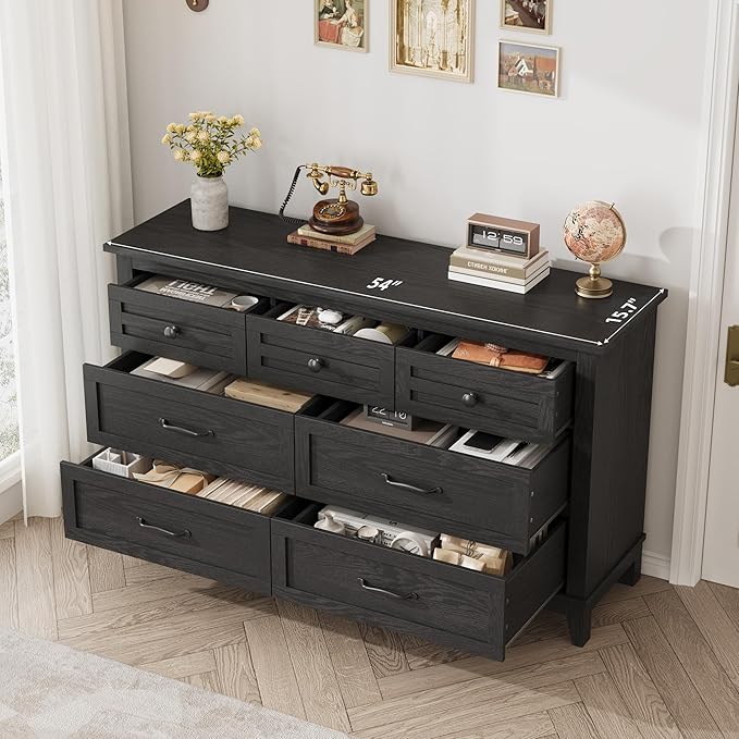 GarveeHome 7 Dresser for Bedroom, 54 in Wide Drawer Dresser with Storage Freestanding, Wooden Closet Storage Chest for Living Room, Bedroom, Entryway, Black
