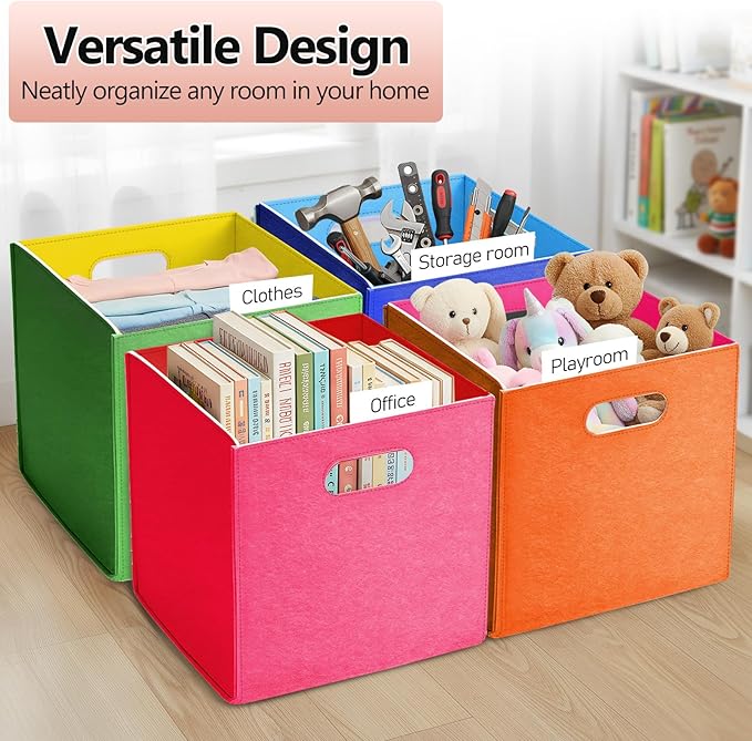 6 Pcs 11 Inch Colorful Felt Storage Cubes with Handle, Collapsible Fabric Storage Cubes Toy Bins Foldable Baskets for Nursery, Playroom, Kids Room, Toys, Books, Clothes(Rainbow)