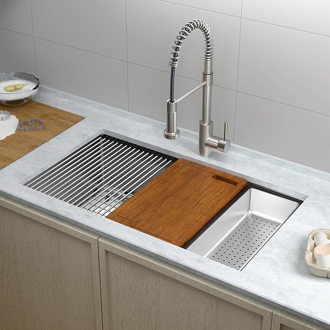 33 x 22 Drop-In/Undermount Kitchen Sink, TECASA Single Bowl Kitchen Sink with Pull Down Faucet, 18-Gauge T-304 Stainless Steel Basin with Workstation