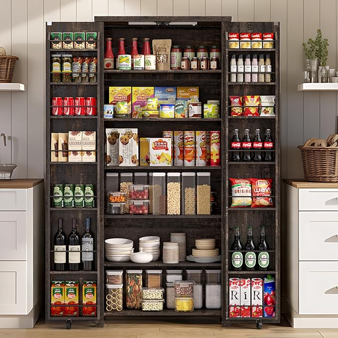 Farmhouse Kitchen Pantry Cabinet, 72" Tall Storage Cabinet with Adjustable Shelves，Farmhouse LED Food Storage with 2 Barn Doors for Kitchen, Dining Room, Living Room