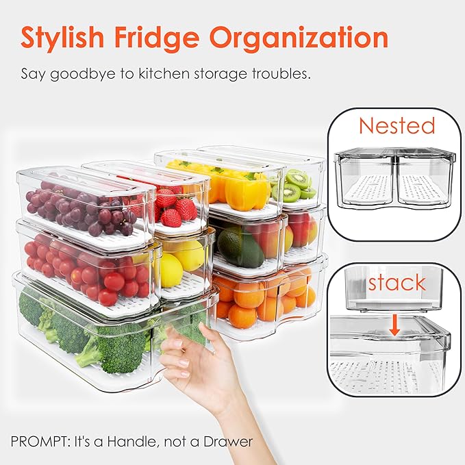 Fridge Organizers and Storage, 10 Pack Clear Freezer Organizer Bins with Lids for Kitchen, Pantry, Refrigerator, Food, Fruit, Vegetable Storage