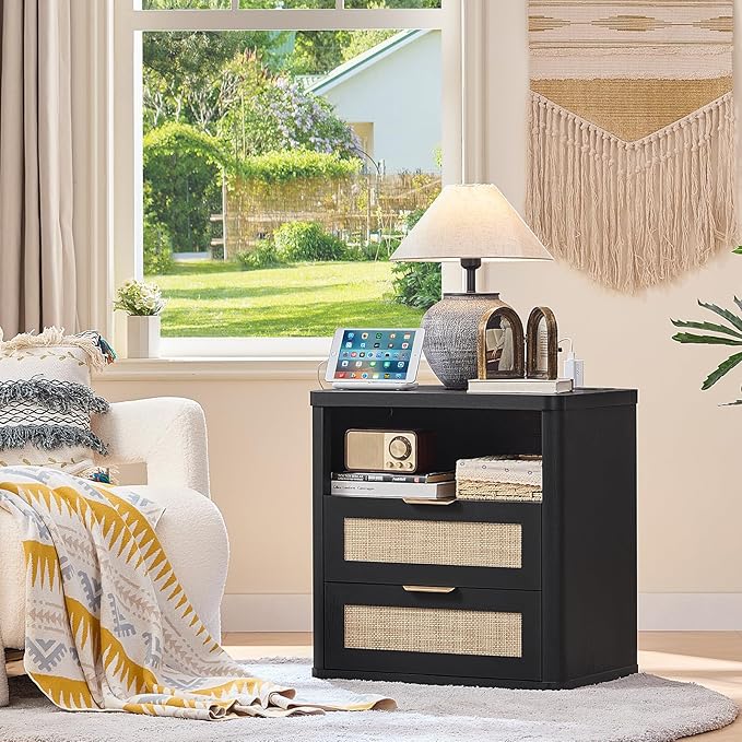 LEYAOYAO Rattan Nightstands Set of 2 with Charger Station, 23" Wide Boho Night Stand with 2 Drawers, Black Bedside Table Open Shlef, Bed Side End Table Dresser for Bedroom, Living Room Hallway
