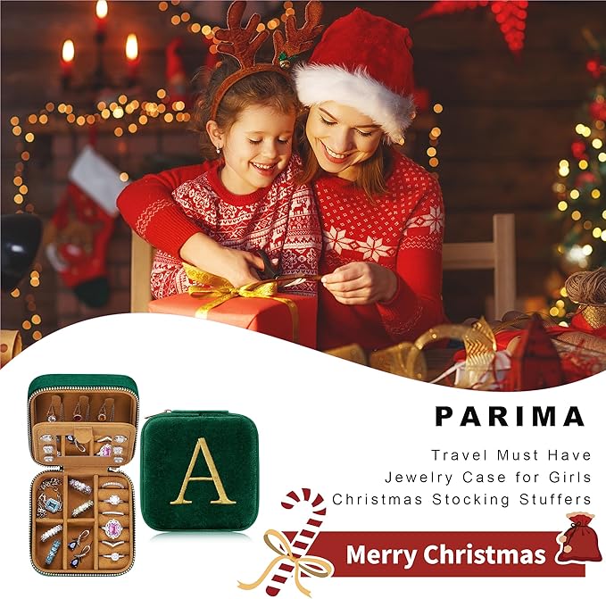 Parima Stocking Stuffers for Women - Christmas Gifts for Her, Gifts for Women, Plush Velvet Travel Jewelry Case, Small Jewelry Box, Birthday Gift for Woman Her, Personalized Gift - Letter A, Green