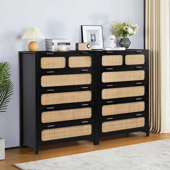 5 Drawer Dresser with Rattan Finish, Modern Farmhouse Chest of Drawers with Metal Handles, Accent Wood Storage Cabinet for Bedroom, Living Room (Black)