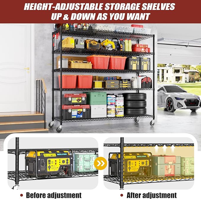 PrimeZone 5 Tier 80.7" Hx55.5 Wx24 D Wire Shelving with Wheels 3000lbs NSF Certified Storage Shelves Heavy Duty Metal Shelf Adjustable Rolling Rack Commercial Garage Restaurant Warehouse Kitchen 3Pcs