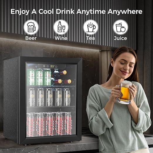 COWSAR Mini Fridge Cooler, 16 Bottle 68 Can Beverage Refrigerator with Glass Door for Wine Beer Soda, Wine Fridge with Touch Control Panel, Wire Shelving for Home Office Bar, 1.7 Cu. Ft