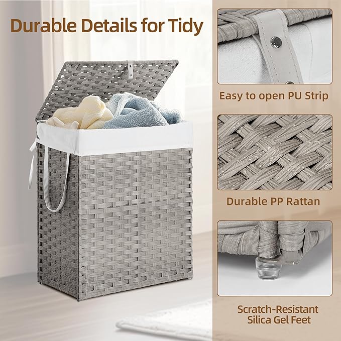 Woven Laundry Basket with Lid, Large Hamper with Removable and Machine-Washable Liner, Foldable Rattan Clothes Hamper, Sturdy Steel Frame, Odor Control, 90L Capacity, Dove Gray