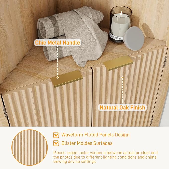 Vabches Corner Bathroom Cabinet, 64 Inch Tall Modern Fluted Corner Cabinet with Doors and Adjustable Shelf Bathroom Space Saver Storage Organizer for Laundry Room, Kitchen(Natural Oak)
