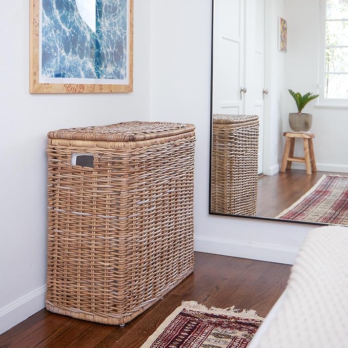 The Basket Lady 3-Compartment Wicker Laundry Sorter Hamper, 30 in L x 15 in W x 28 in H, Serene Grey