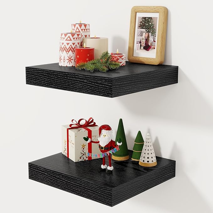 Fun Memories 12 Inch Floating Shelf, Rustic Wood Wall Shelves for Wall Decor & Storage, 12 x 12 Floating Shelf for Living Room, Bathroom, Bedroom, Black, Set of 2