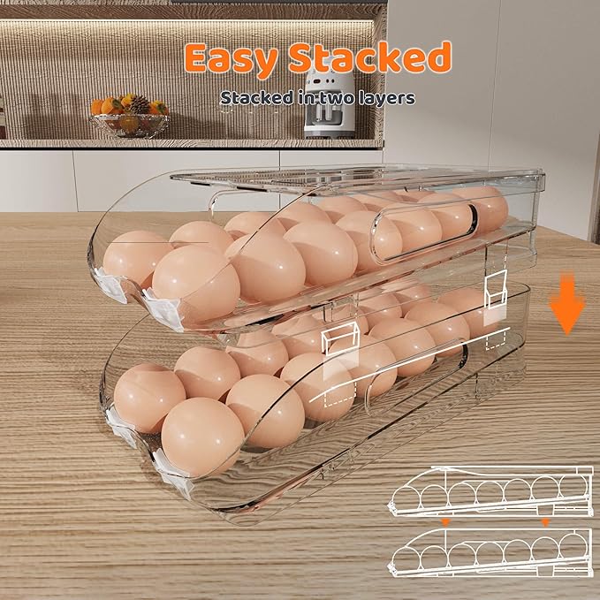 Egg Holder for Fridge, Automatic Steady Rolling Egg Dispenser with Silicone Bumpers & Handle for Refrigerator, Large Capacity Egg Organizer with Lid (2 Tier Holder 24 Eggs (M SIZE))