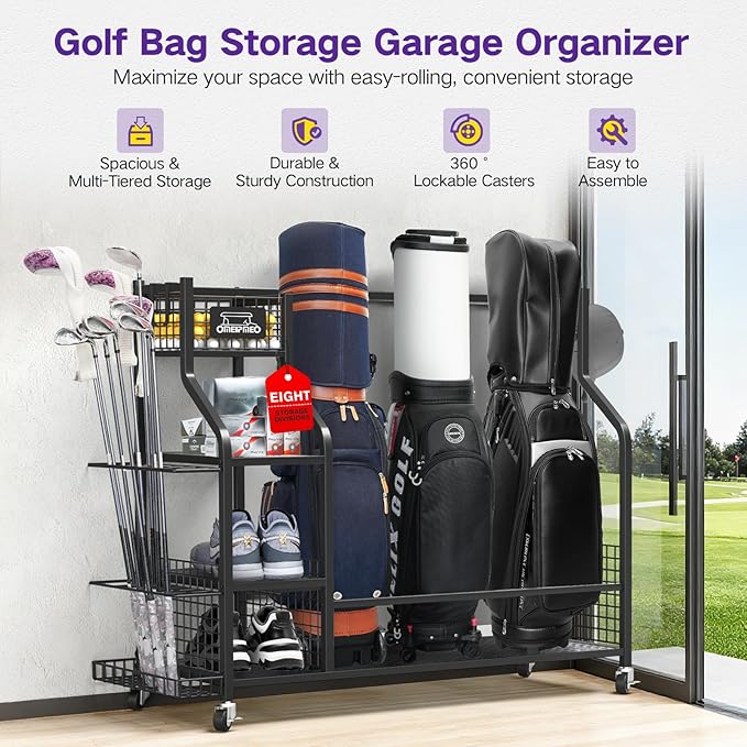 Golf Bag Storage Garage Organizer, Golf Bag Storage Stand and Other Golfing Equipment Accessories Rack, Golf Bag Storage Rack with Wheels, Golf Organizer for Home, Garage, Club, Shed, Basement