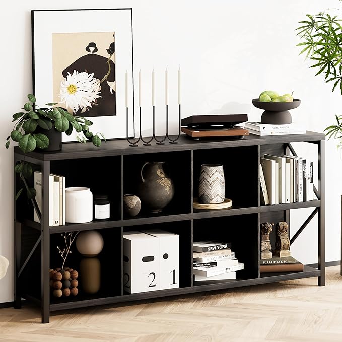 otlectics 2-Tier Bookcase with 8 Cubes, 63 Inch Industrial Horizontal Bookshelf, Home Office Storage Cabinet Organizer with Metal Legs, Black