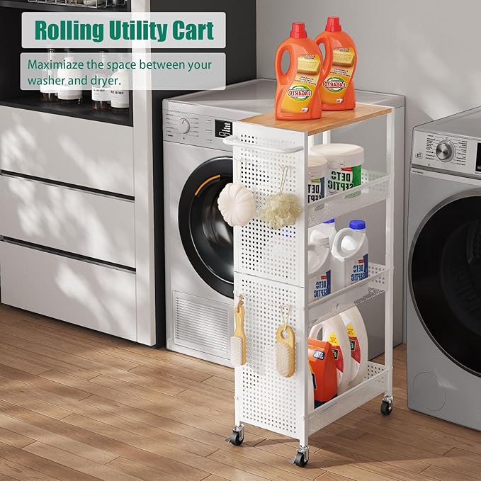 4-Tier Slim Storage Cart with Wheels,Small Mobile Organizer Shelf with Wooden Top & Metal Handle for Kitchen, Laundry Room, Bathroom, Office (White, 9.1 inch)