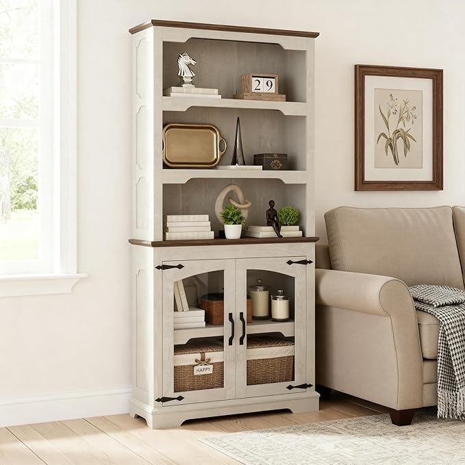 70 Inch Farmhouse Bookcase, Distressed White and Walnut Two-Tone Shelves, 5 Tier Bookshelf with Arched Trim Glass Doors, Living Room Storage Cabinet Unit, 31.5x11.8 Inches (White&Walnut, Glass Doors)