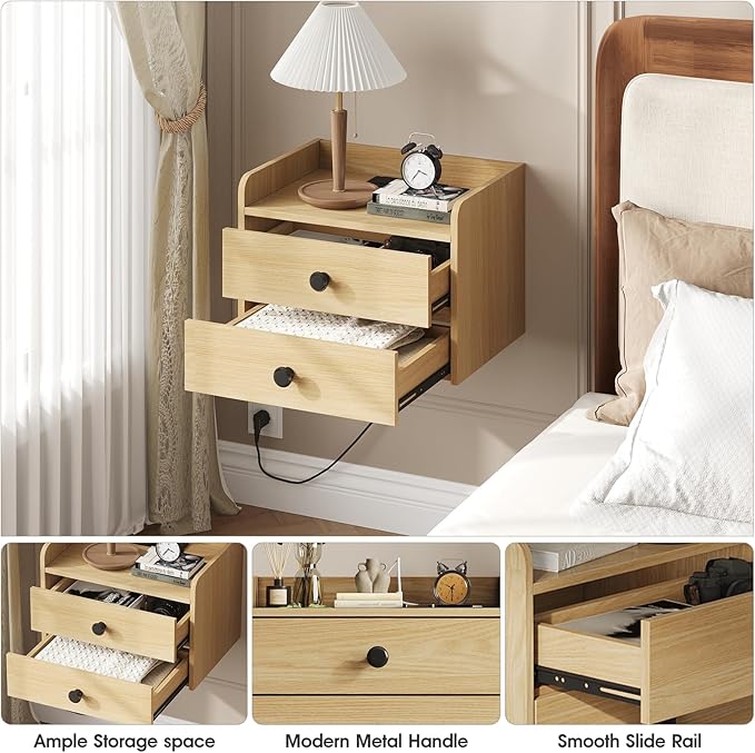 Floating Nightstand Set of 2 with 2 Storage Drawers and Charging Station Wood Wall Mounted Bedside End Table Modern Night Stands Set 2 for Bedroom,Small Space,Natural
