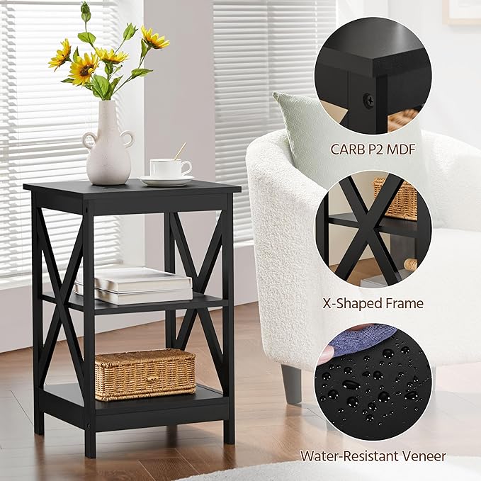 Yaheetech 3 Tier Sofa Side End Table with Shelf, X Shape Chair Side Coffee Snack Table for Living Room, Display Unit Organizer, Black