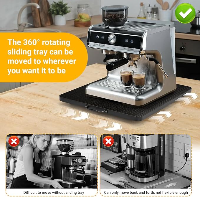 Sliding Tray for Coffee Maker, 360° Rotating Appliance Slider for Kitchen Appliances, Wooden Sliding Tray Suitable for Kitchen Countertops and Kitchen Appliances(Black, Large)