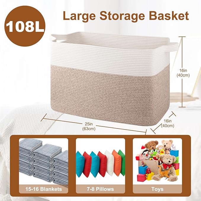 XXXL Supre Large Blanket Basket for Clothes, Towels, Pillows, 108L Cotton Rope Storage Basket for Living Room, Woven Toy Storage for Kids, 25" x 16" x 16", Brown and White