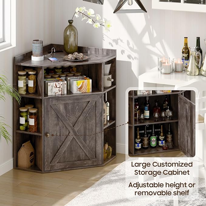 Corner Storage Cabinet, Farmhouse Corner Bookshelf with Storage 6-Cubby Wooden Cabinet with USB Ports and Outlets Industrial Organizer for Small Space, Study, Playroom, Living Room