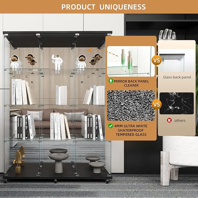 Beauty4U Glass Display Cabinet with Mirror Back Panel, 12 Shelves with 3 Columns, 2 Doors Curio Cabinets for Living Room, Bedroom, Office, Black Floor Standing Glass Bookshelf, Quick Installation