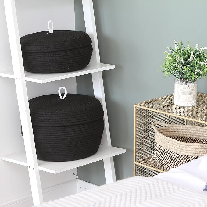 Sea Team Round Cotton Rope Storage Basket with Lid, Decorative Woven Storage Bin, Pot, Caddy, Organizer, Container for Snacks, Towels, Plants, 13 x 5.5 Inches (Large, Shallow, Black)
