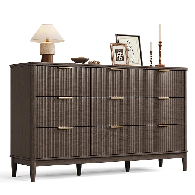 LINSY Fluted Dresser for Bedroom with 9 Drawers, Mid Century Modern Chest of Drawers with Gold Metal Handles, Wide Boho Wood Dressers, Large Farmhouse Storage Cabinet for Bedroom, Living Room, Walnut