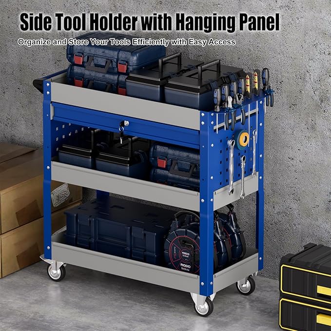 Heavy Duty 3 Tier Tool Cart, Mechanic Metal Rolling Tool Cart with Storage Drawers for Garage Workshop