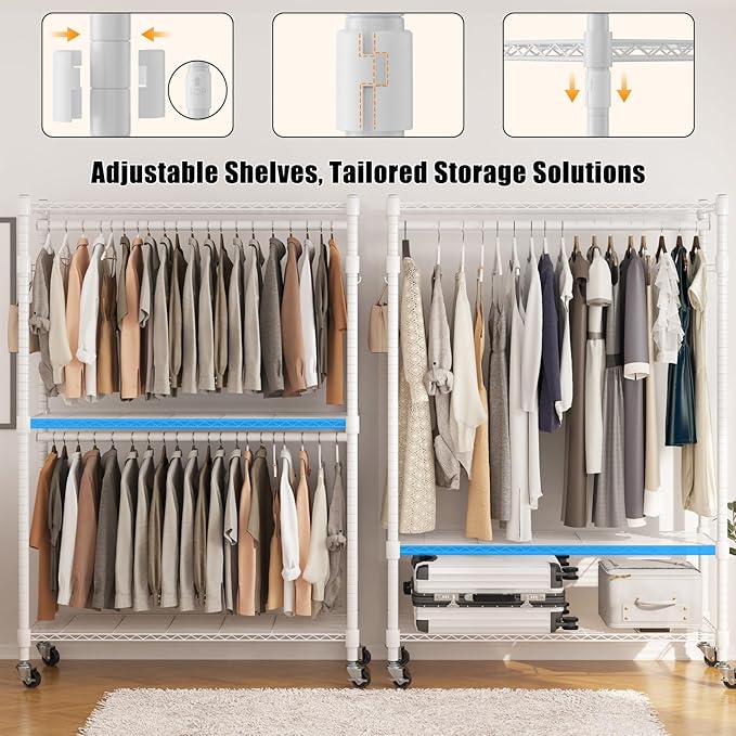 BATHWA Heavy Duty Garment Rack on Wheels, Rolling Clothes Racks for hanging clothes, Modern Closet Wardrobe Clothing Rack with 8 Side Hangers, White
