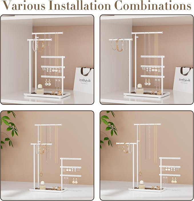 Jewelry Holder Organizer Stand - Adjustable Tall 17.5" (Max), Sturdy Jewelry Hanger for Necklaces, Earrings, Bracelets, Rings, Jewlery Display and Storage, White, Metal