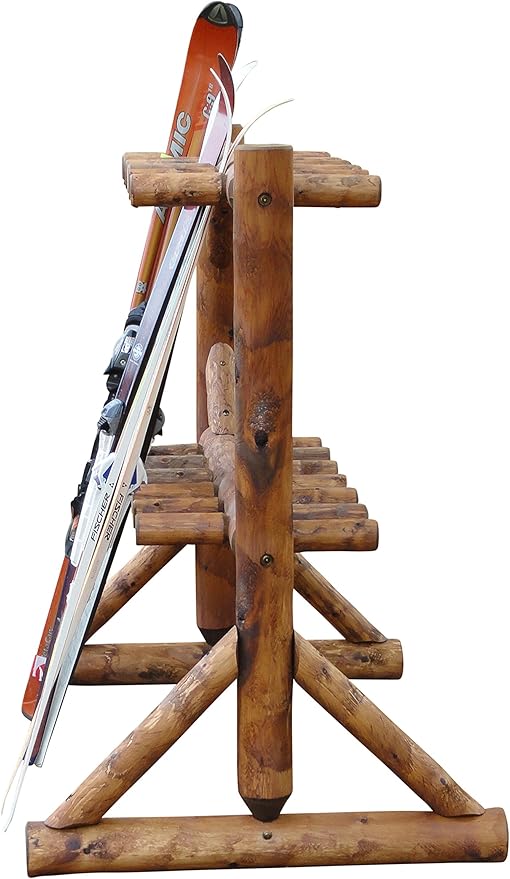 17-Place Freestanding Log Ski Rack Holder, Indoor & Outdoor Snowboard Racks, Standing Storage, Garage Racks for Snow Skis, Durable Snowboard Rack Garage Storage Organizer - Canyon Brown
