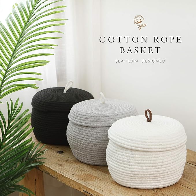 Sea Team Round Cotton Rope Storage Basket with Lid, Decorative Woven Storage Bin, Pot, Caddy, Organizer, Container for Snacks, Towels, Plants, 10 x 7.5 Inches (Small, White)